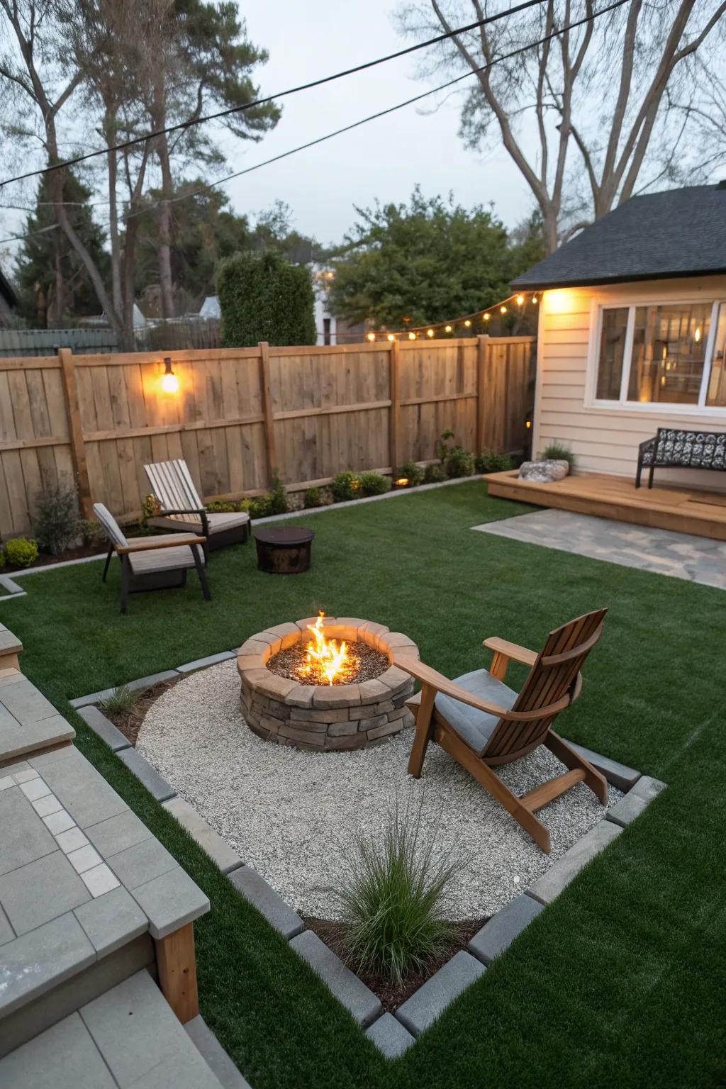 A fire pit on turf creates a cozy focal point.