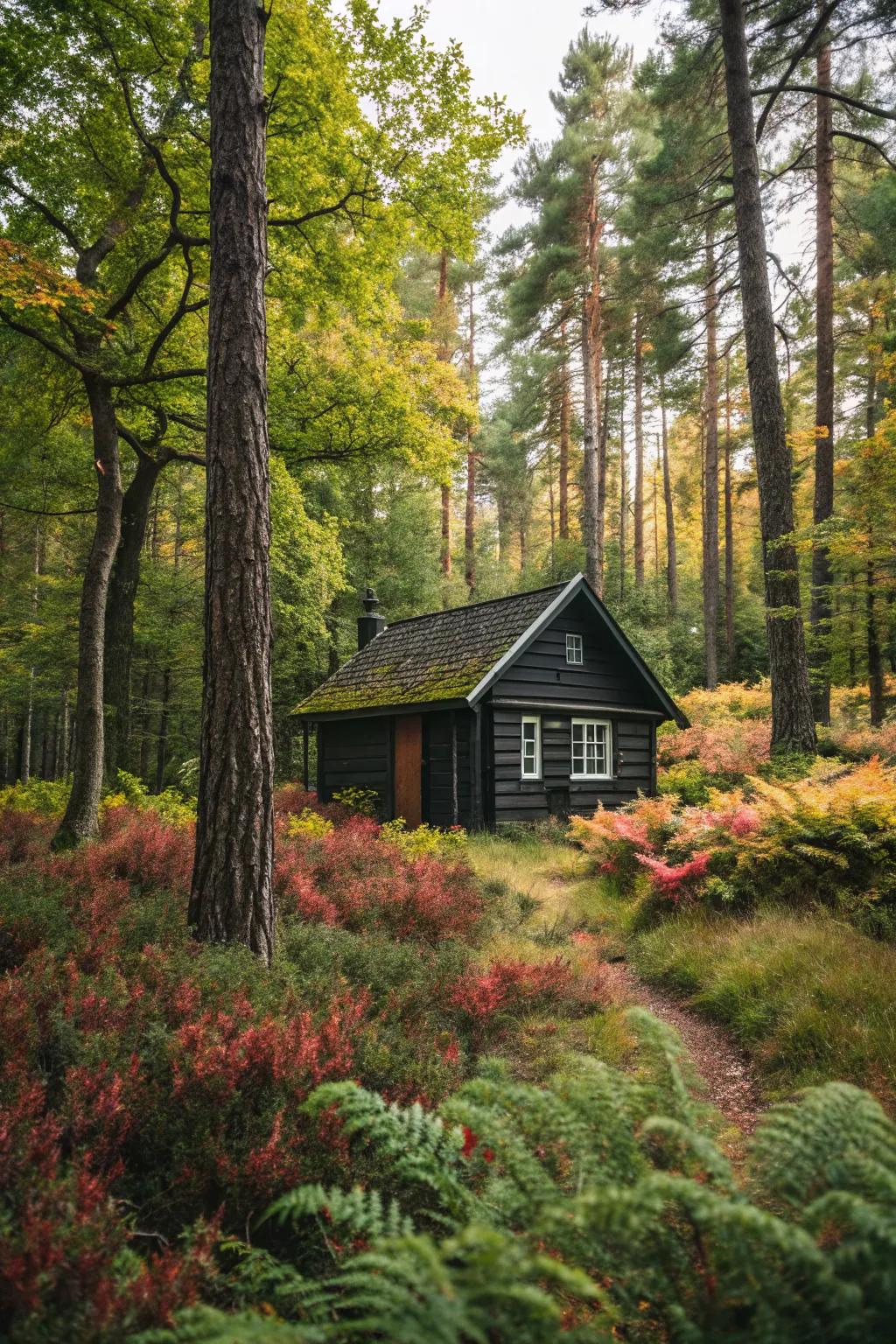 A bold and modern dark-toned cabin nestled in nature.