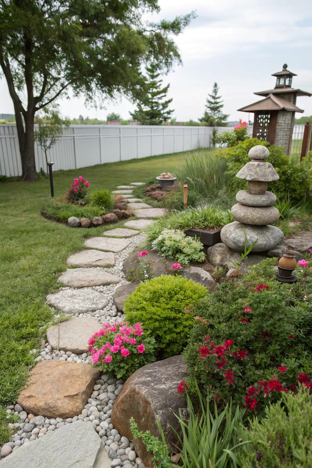 Decorative rocks arranged as focal points in a small garden.