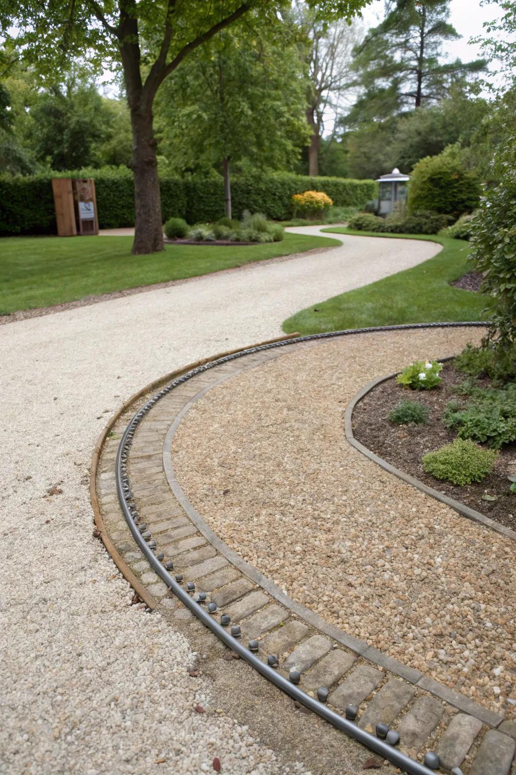 Decorative gravel with metal edging offers a modern aesthetic.