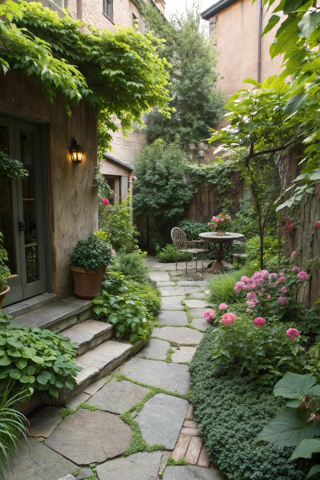 Stone pathways add structure to a small courtyard garden.