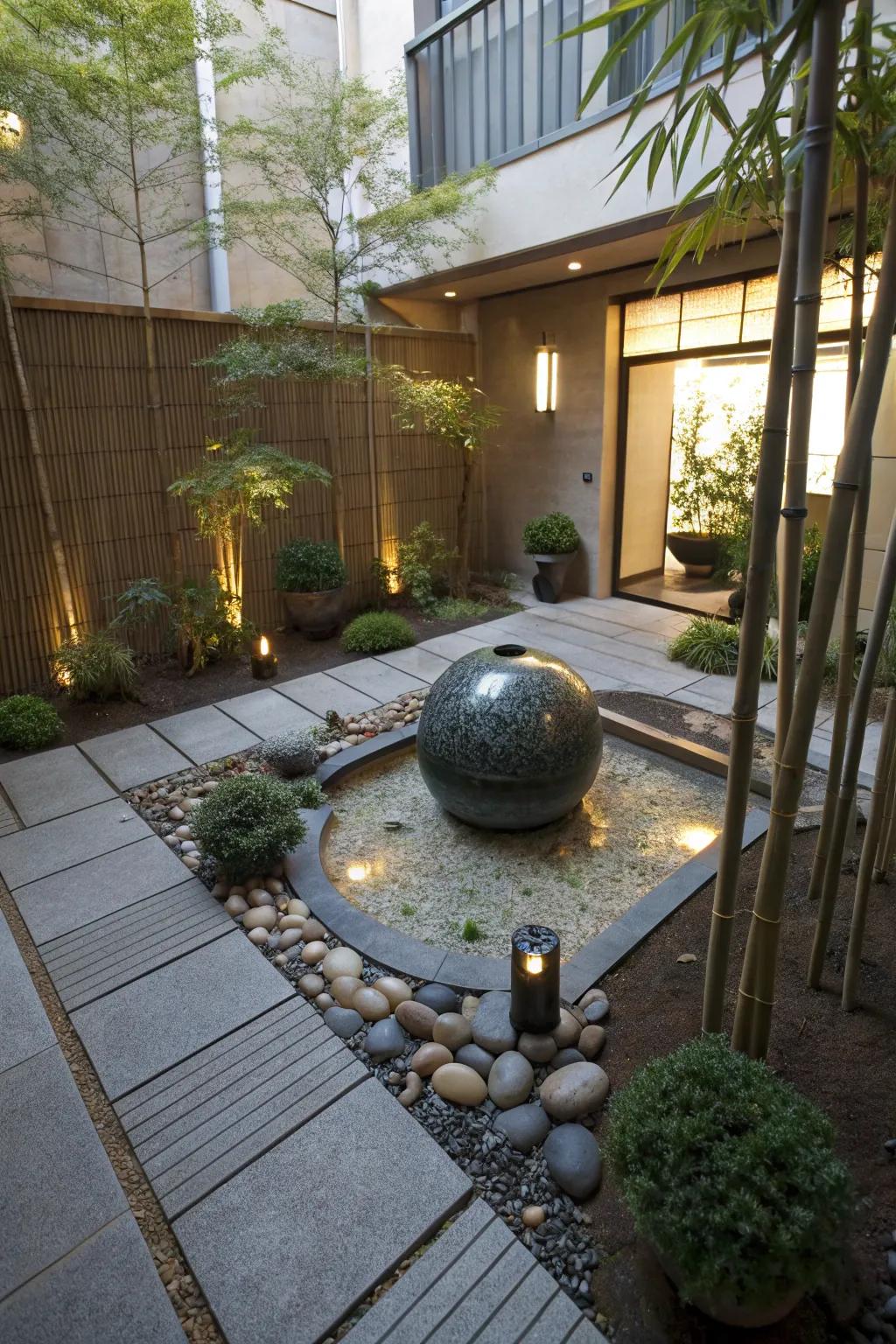 Zen-inspired sphere fountain in a tranquil courtyard setting.