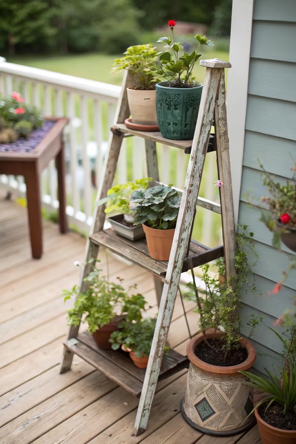A vintage ladder brings both charm and functionality to your deck space.