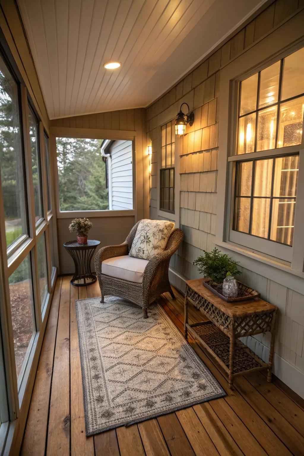 Wooden flooring adds warmth and character to this porch.