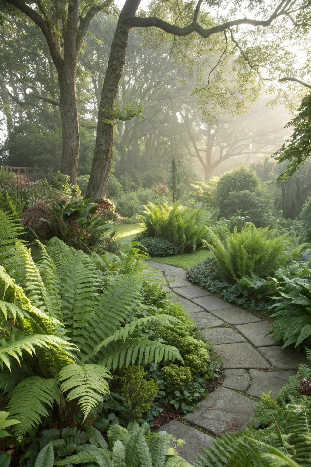 A garden showcasing a mix of fern varieties for added texture.