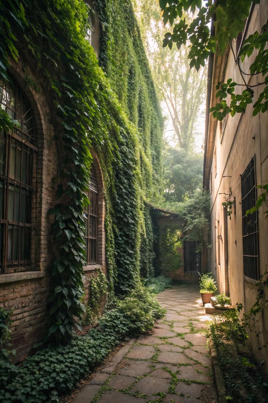 Enchanting vine-covered walls in a cozy courtyard.