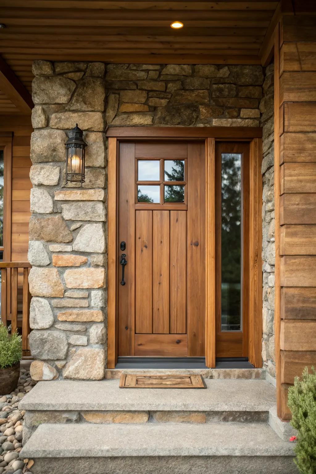 Natural materials add elegance to a small front door.