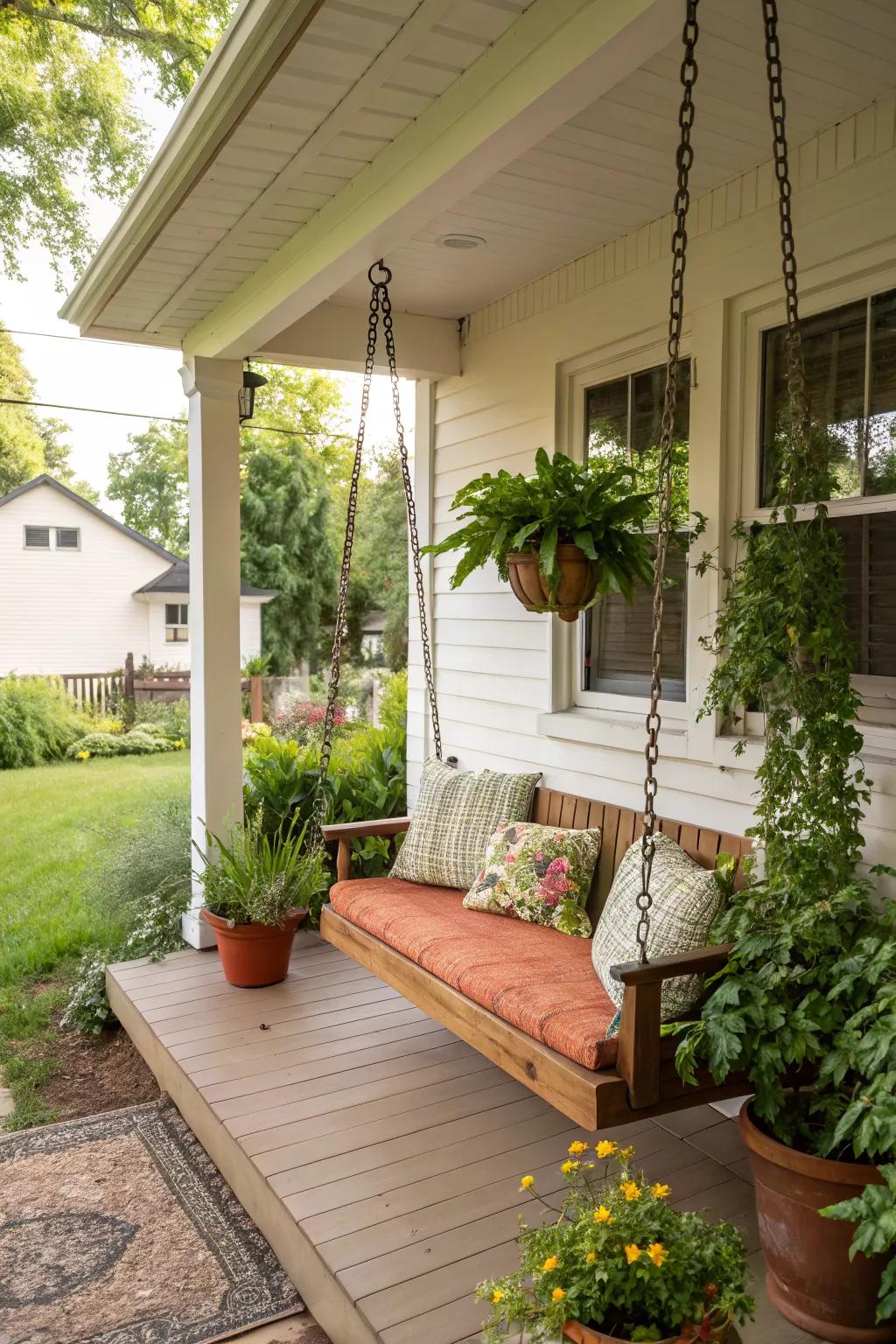 Swing benches offer relaxation and charm on your porch.
