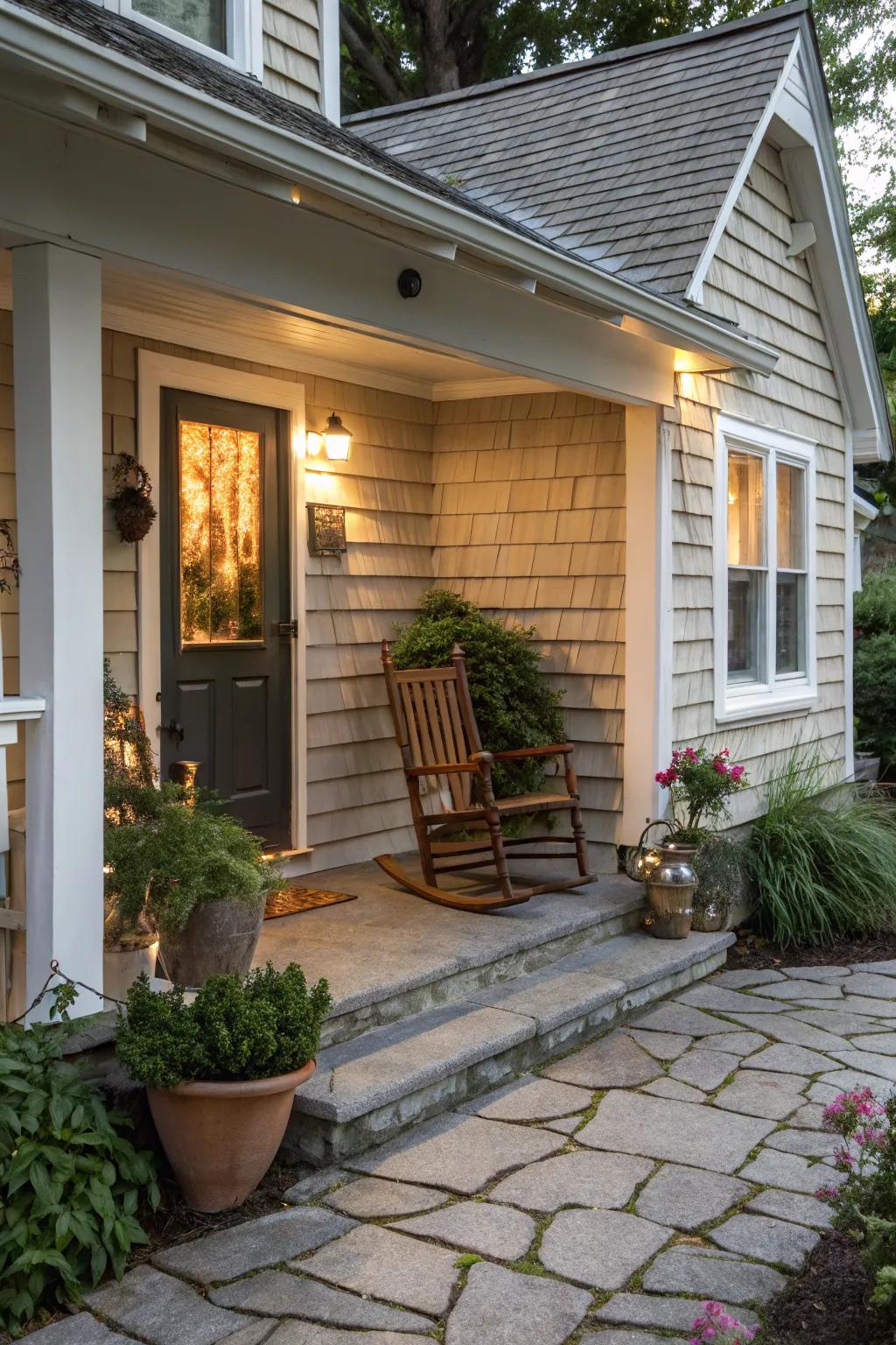 Shingled overhang creating a homey ambiance.