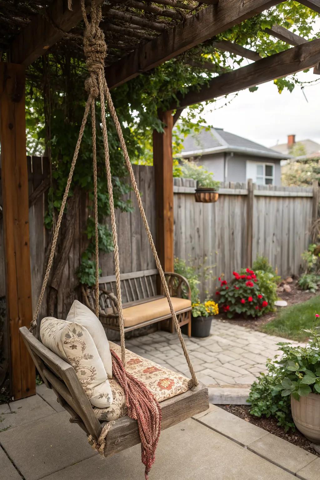 Rope hangings provide a rustic charm.