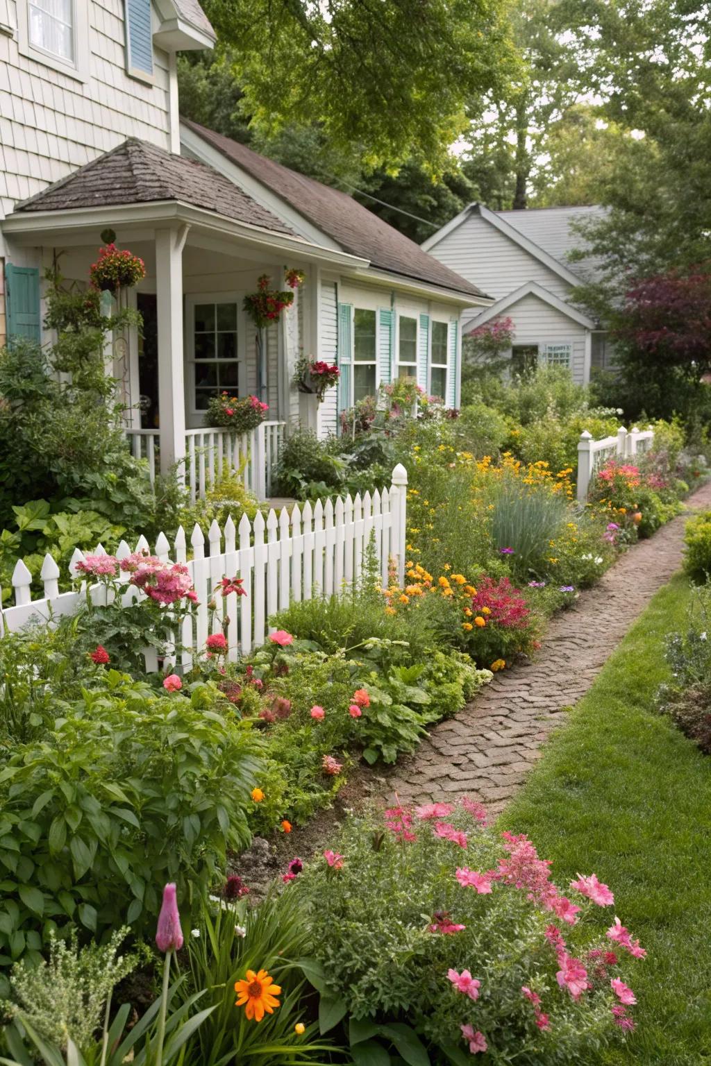 Overflowing plant borders create a whimsical and inviting garden atmosphere.
