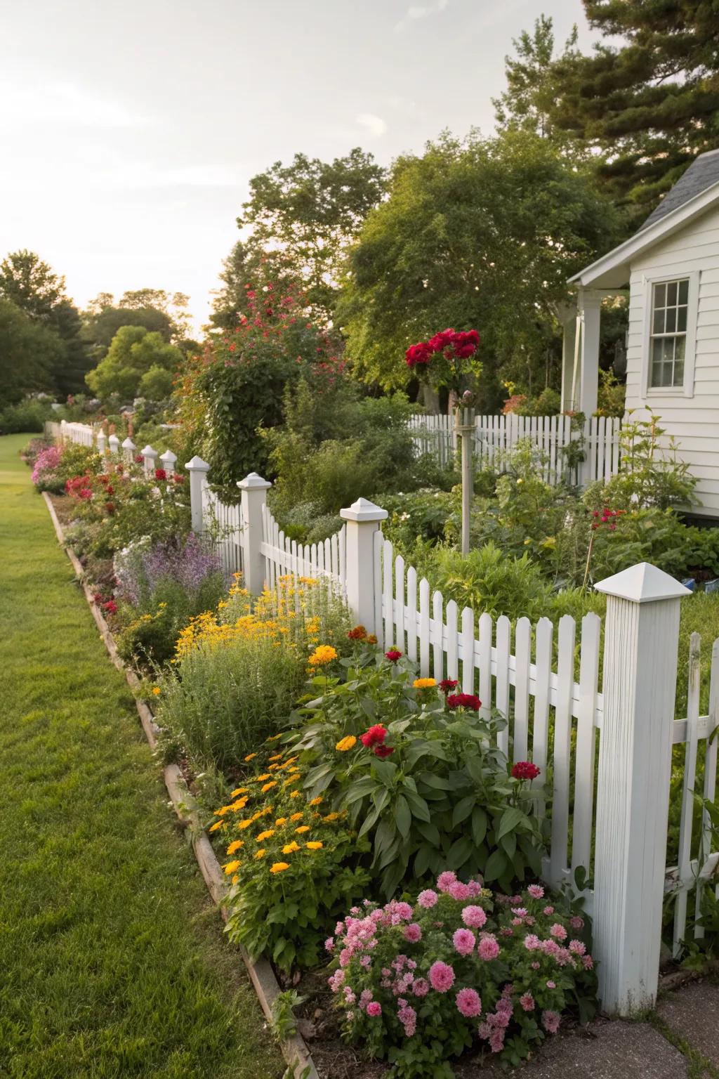 A white picket fence adds classic charm to a front yard flower garden.