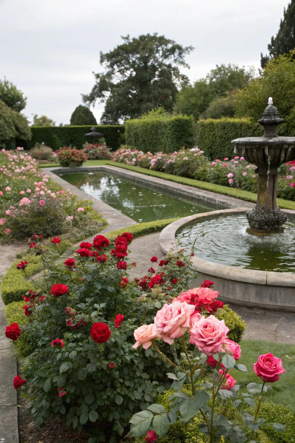 A serene garden with a central water feature surrounded by roses.