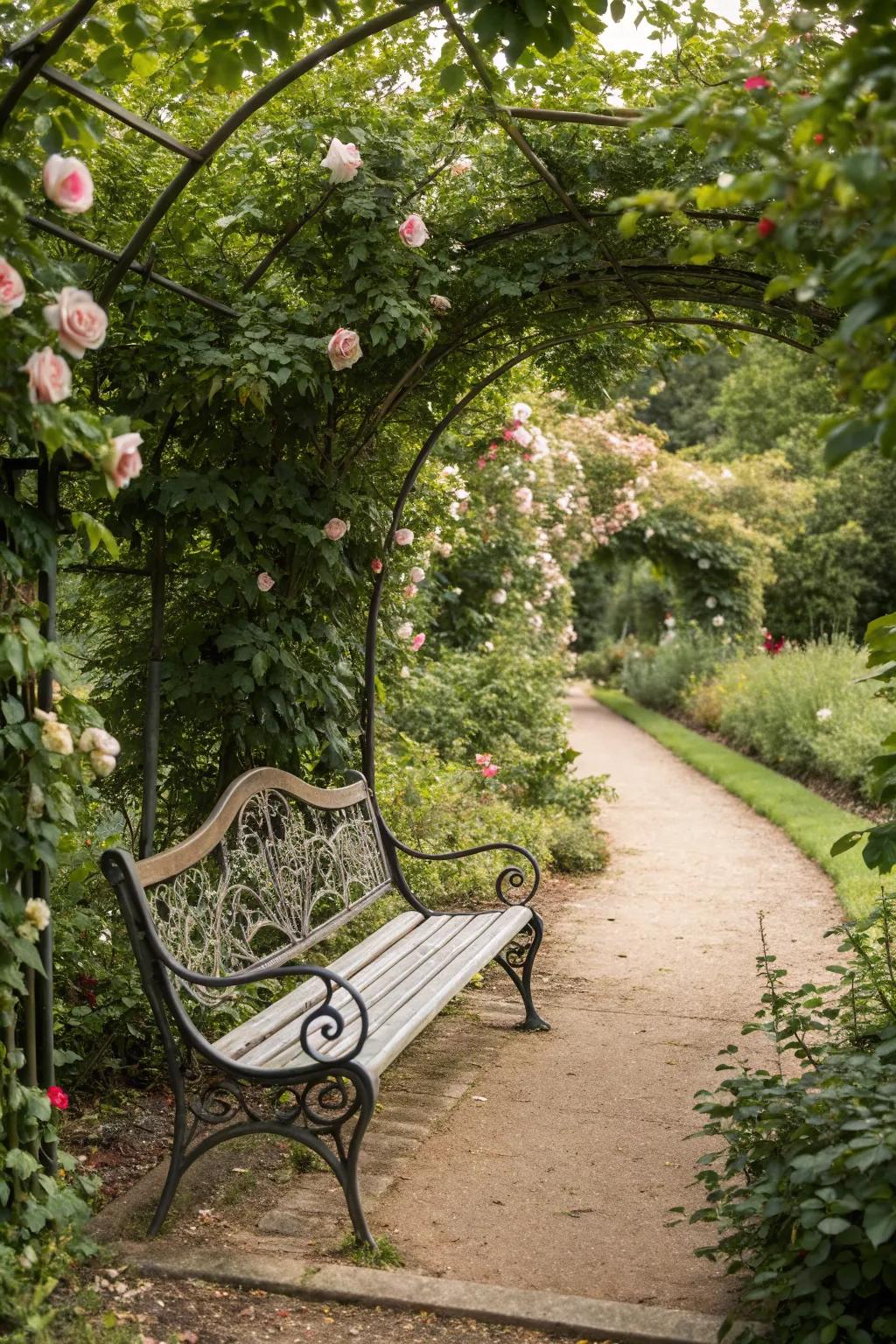 Elegant metal garden bench amidst blooming roses.