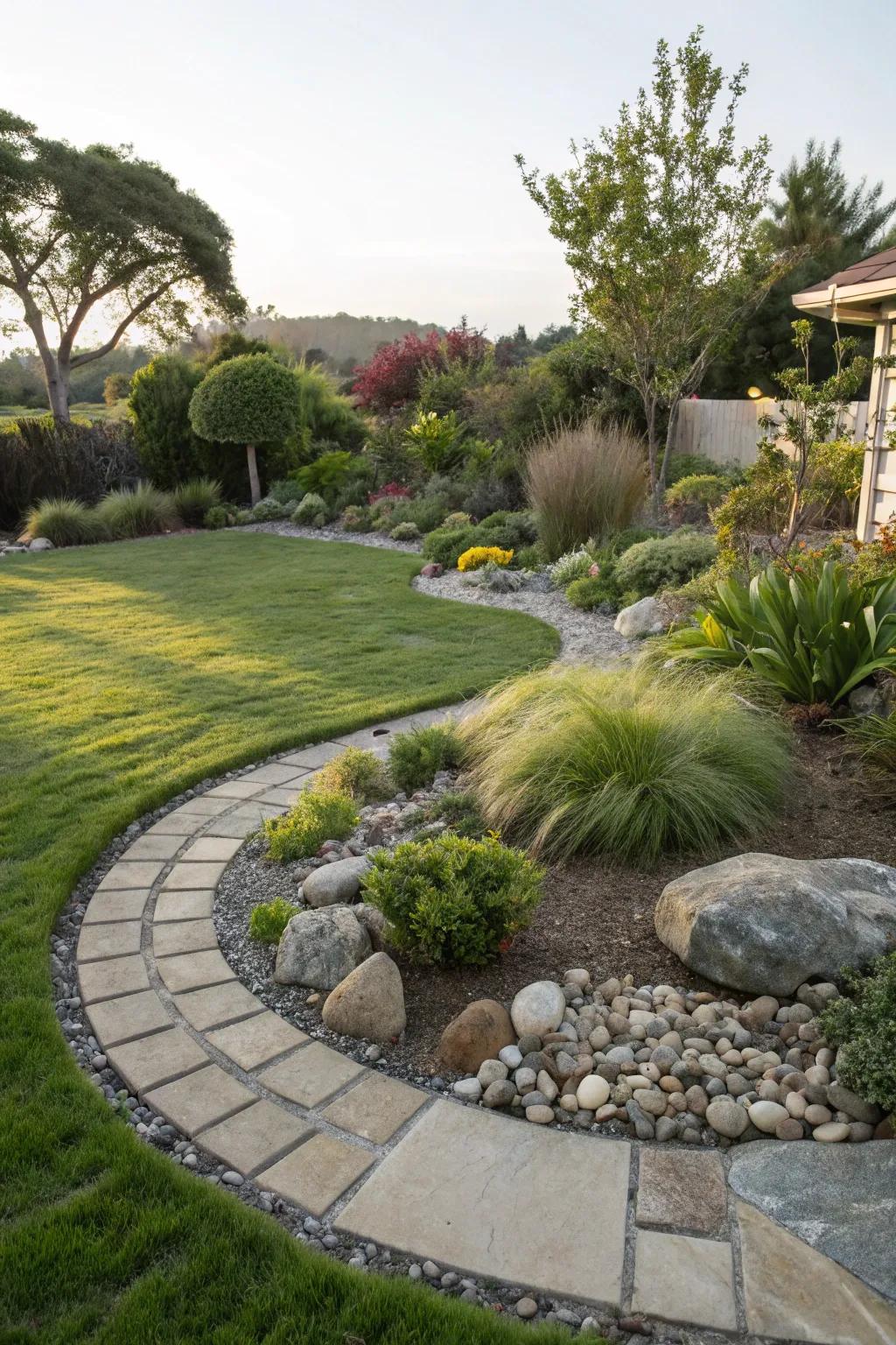 A mix of textures around the circular lawn offers a feast for the eyes.