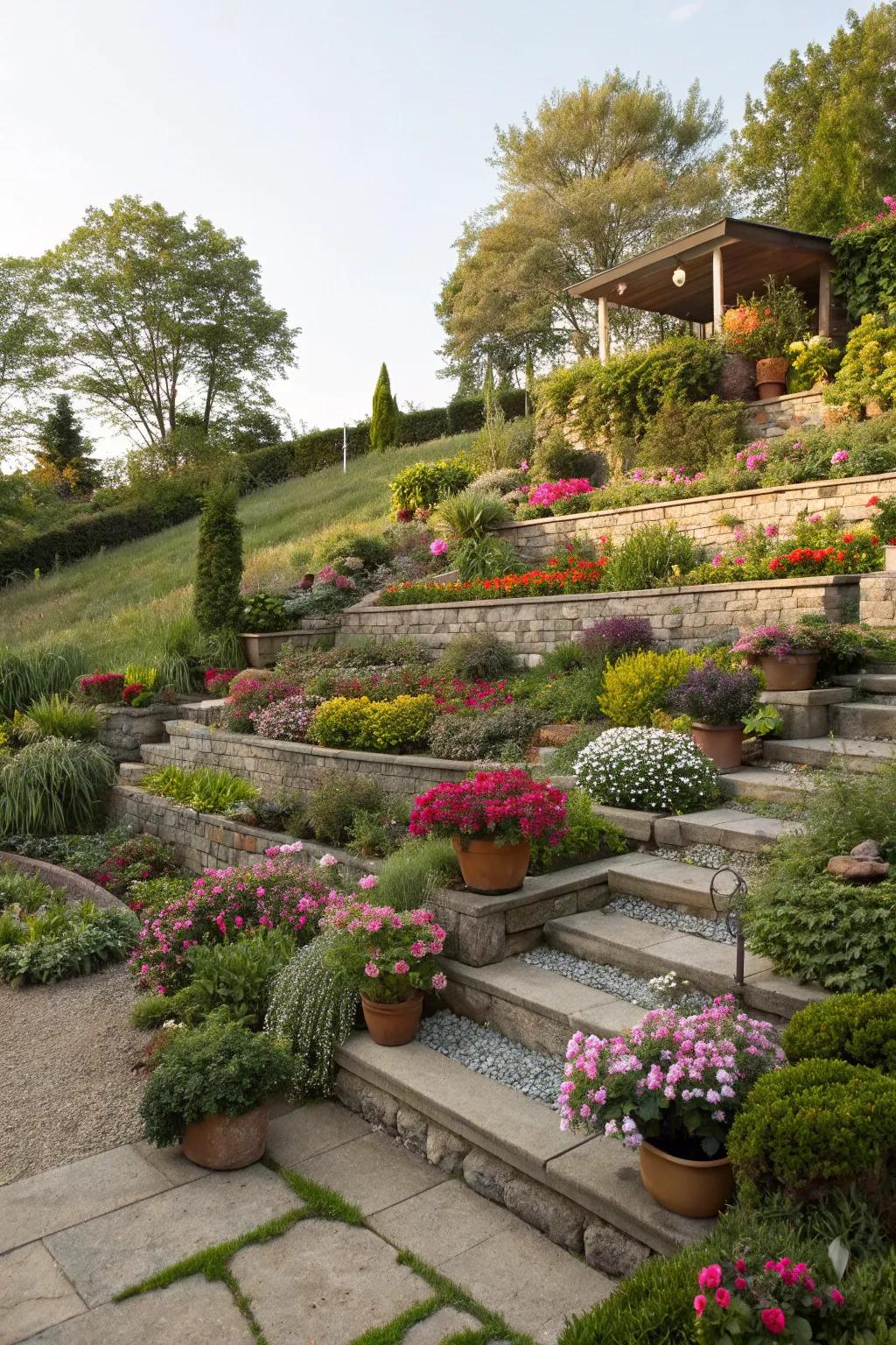 Multi-level gardens add depth and visual interest to small spaces.
