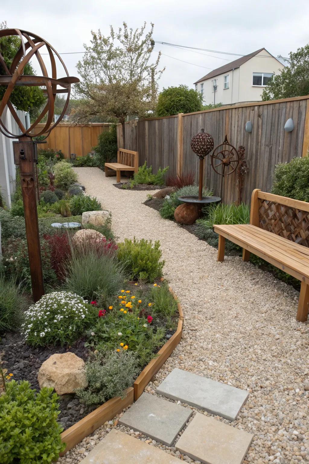 Contrasting materials create a dynamic garden design.