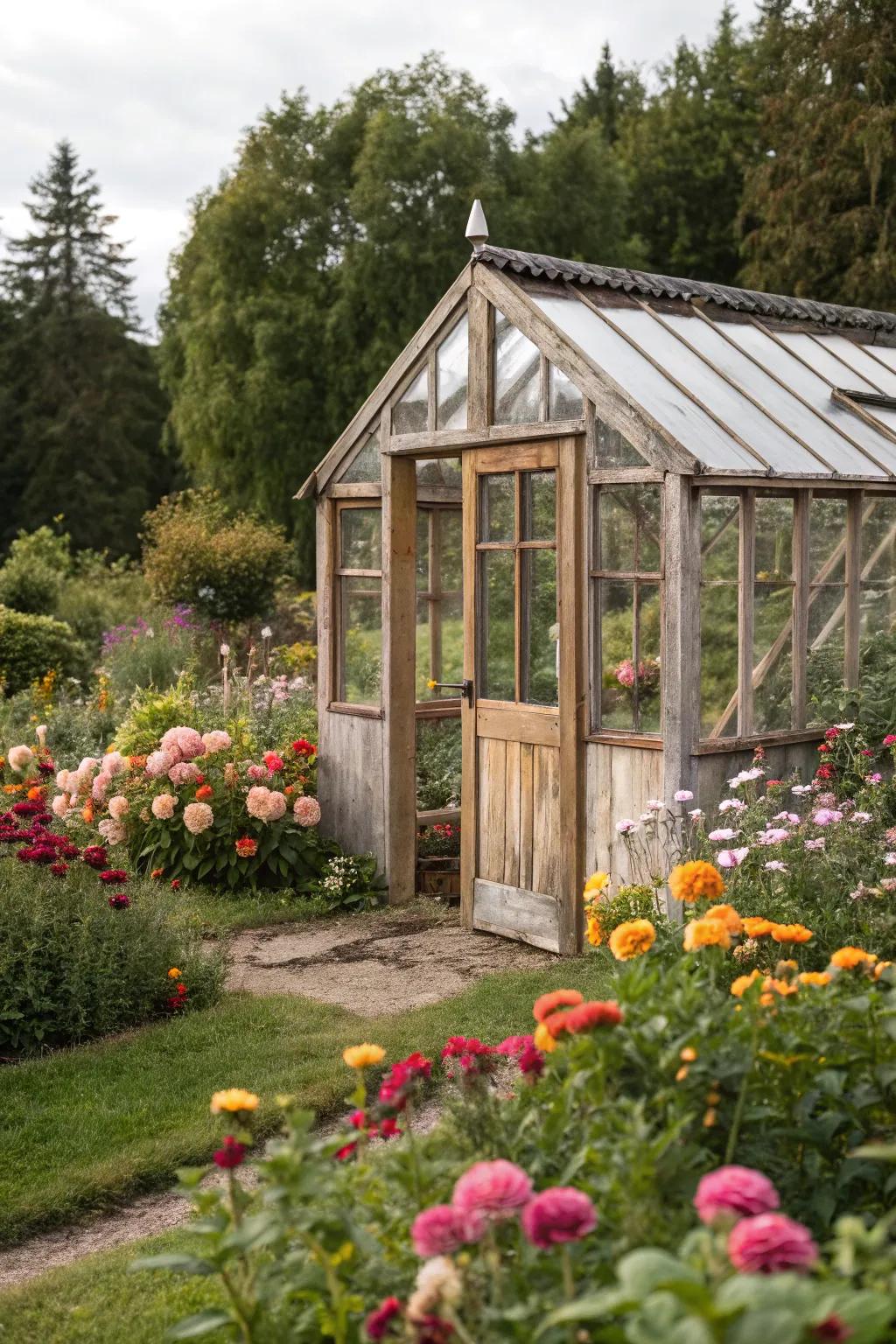 A rustic wood and glass greenhouse that adds charm to any garden.