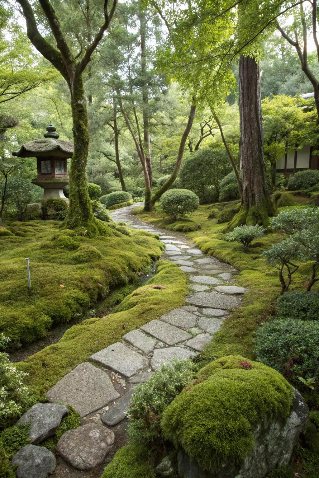 Moss adds a lush, tranquil layer to the garden.