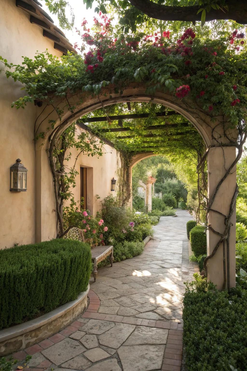 A small patio with architectural arches and climbing plants.