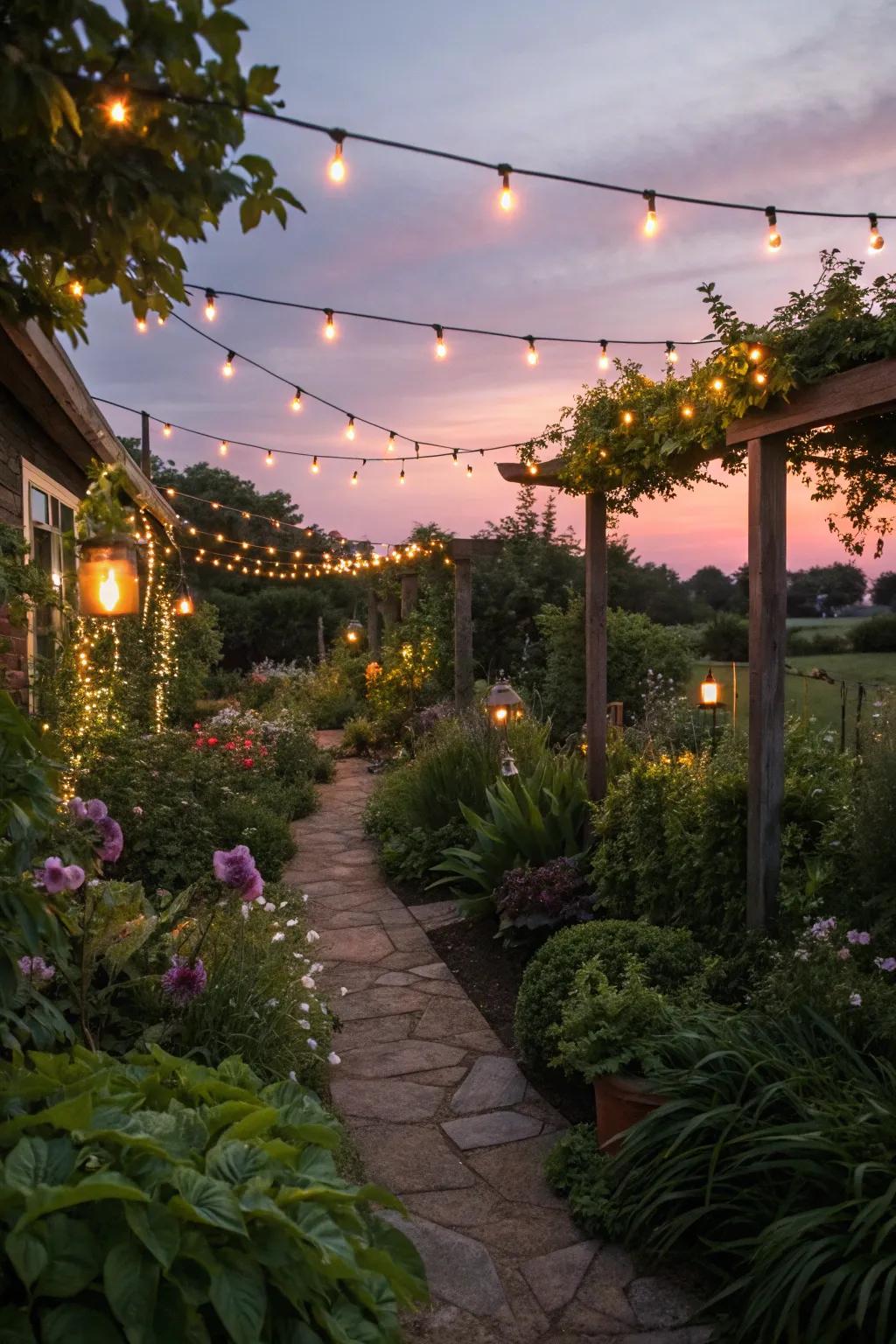 String lights create a warm, inviting atmosphere.