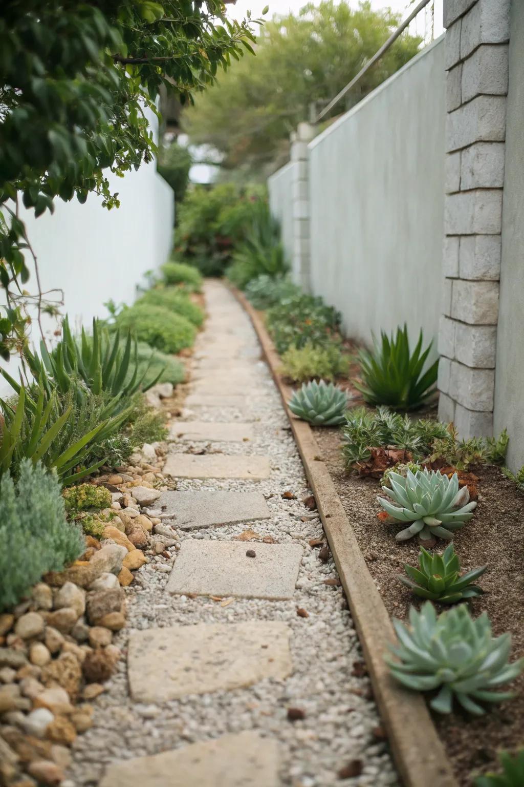 Minimalist plantings flanking a modern garden path.