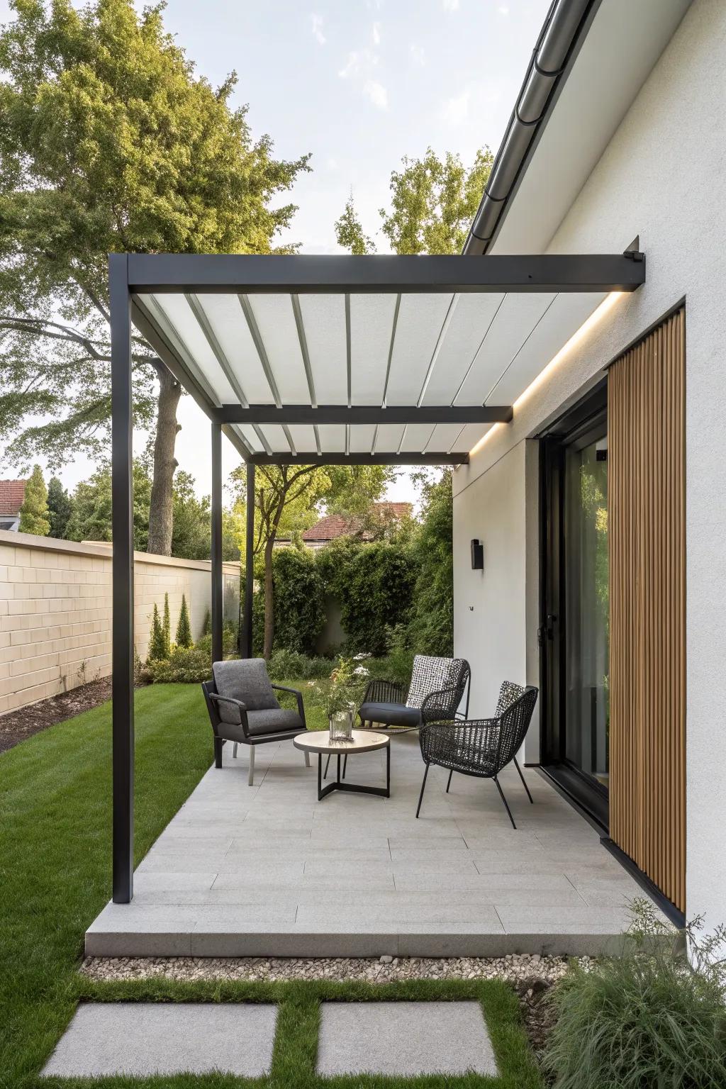 A pergola offers shade and elegance to a small patio.