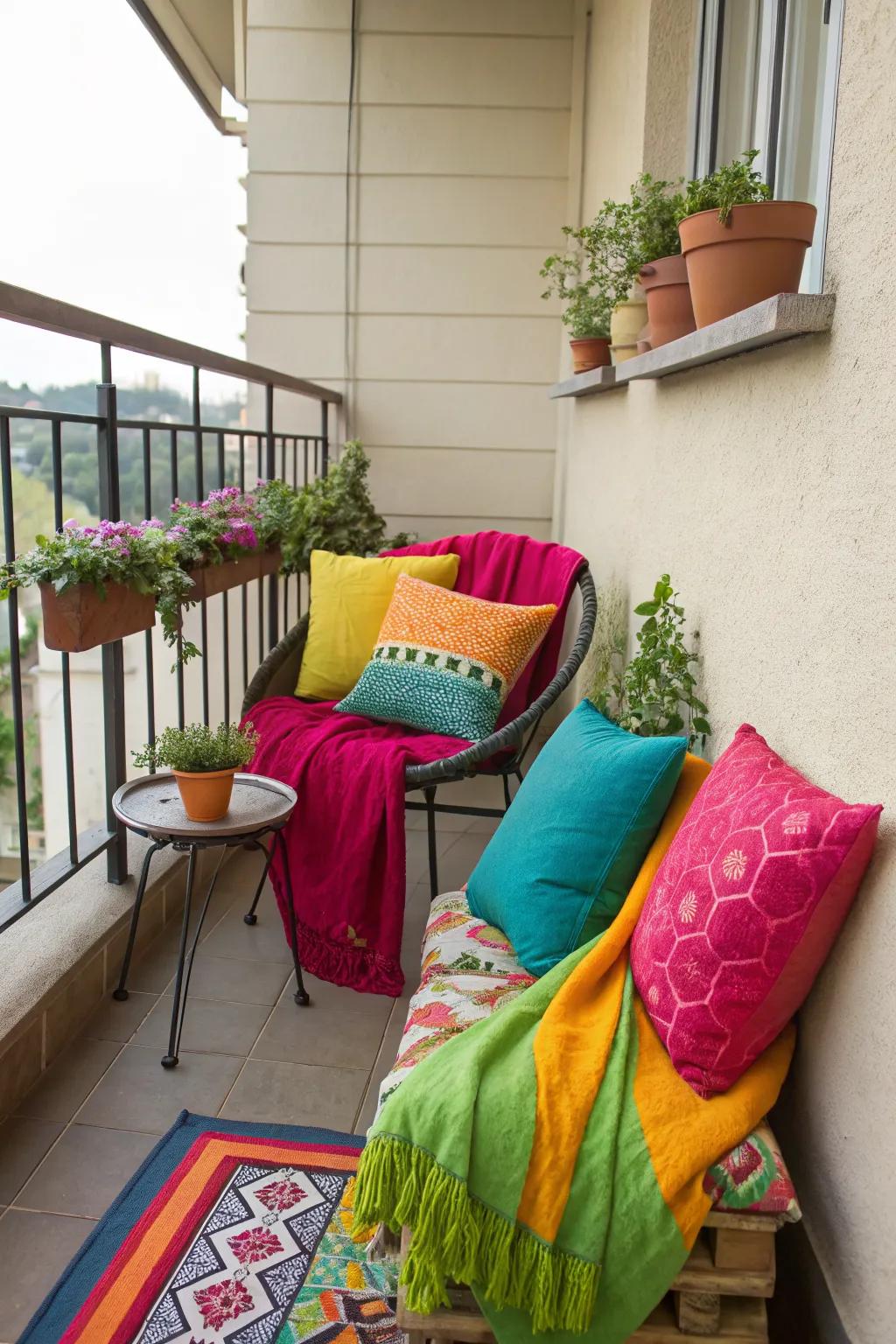 Colorful accessories invigorate your small balcony space.