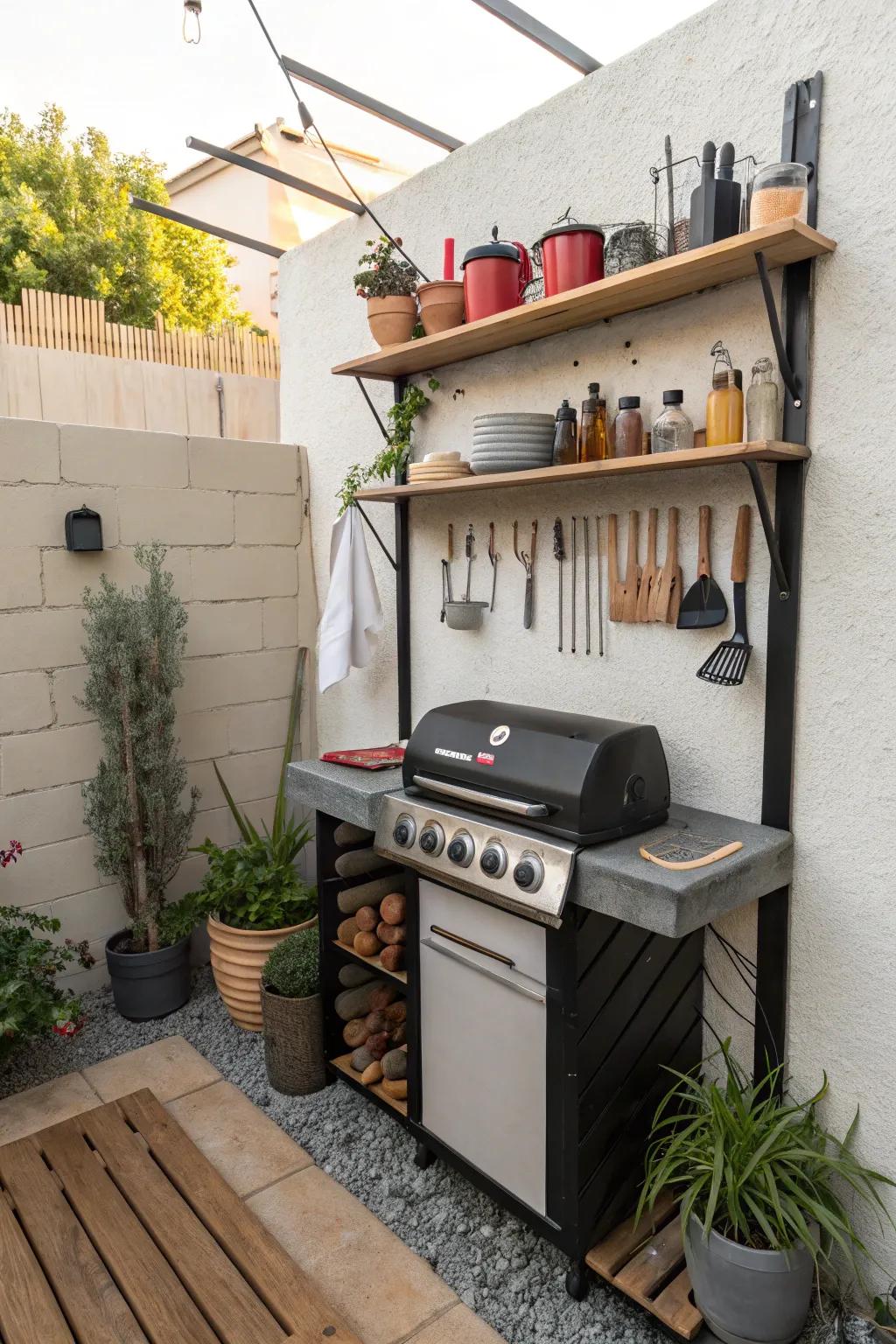 A tidy BBQ area with organized wall-mounted storage solutions.