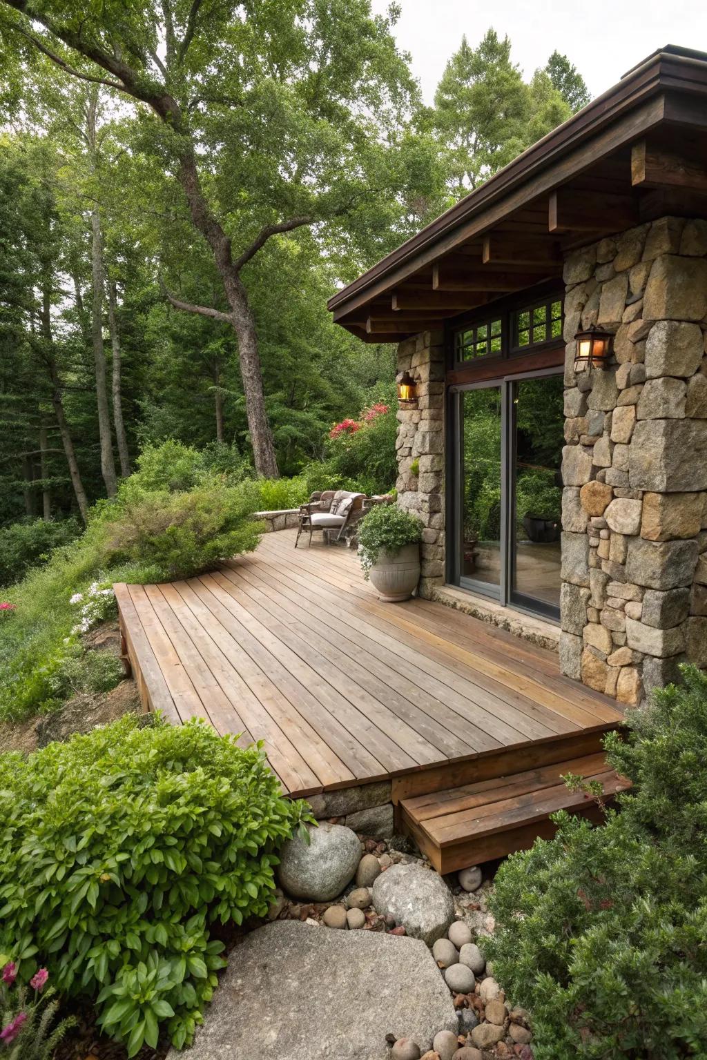 A small deck featuring natural materials for a rustic charm.
