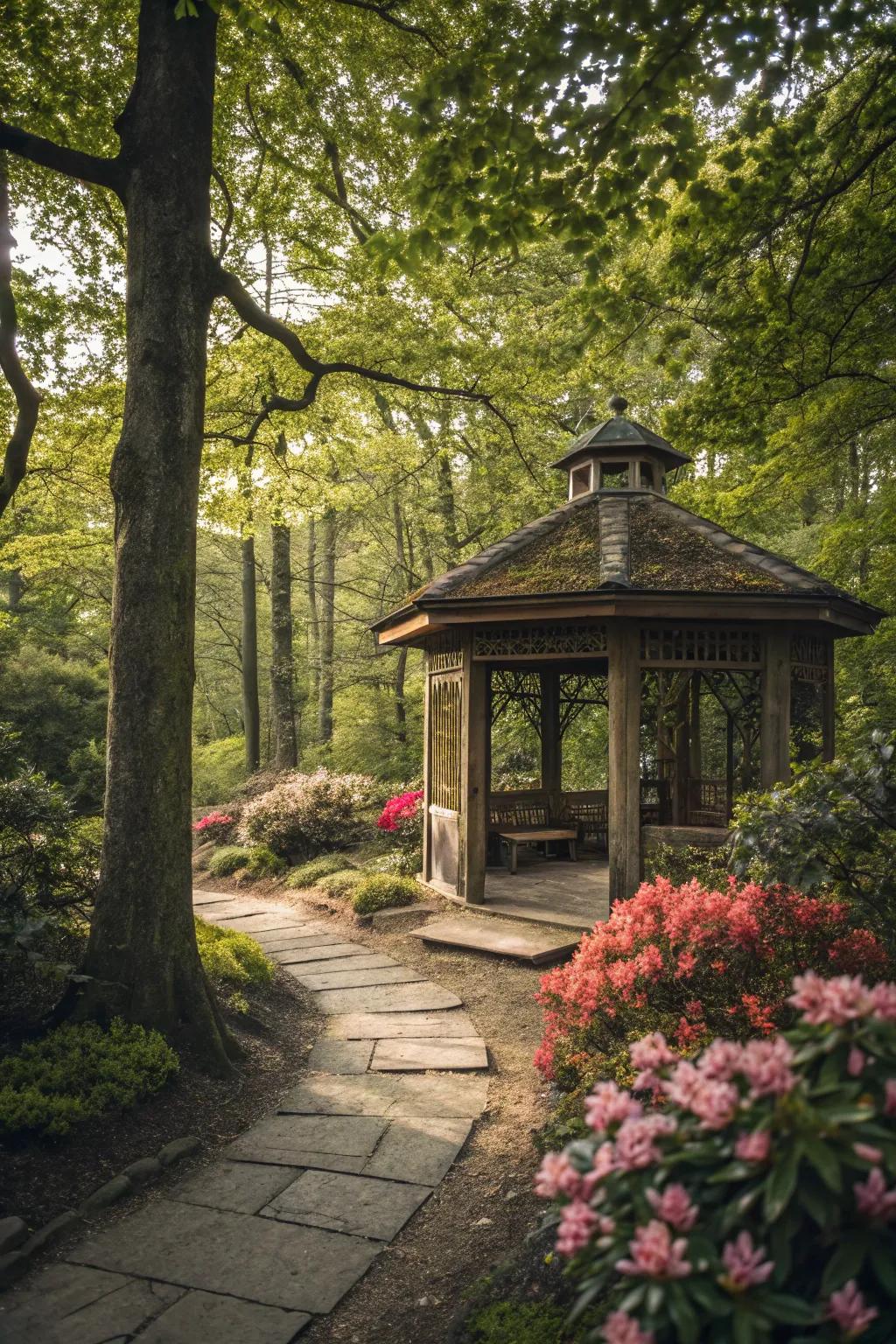A wilderness escape pavilion nestled in a wooded garden.
