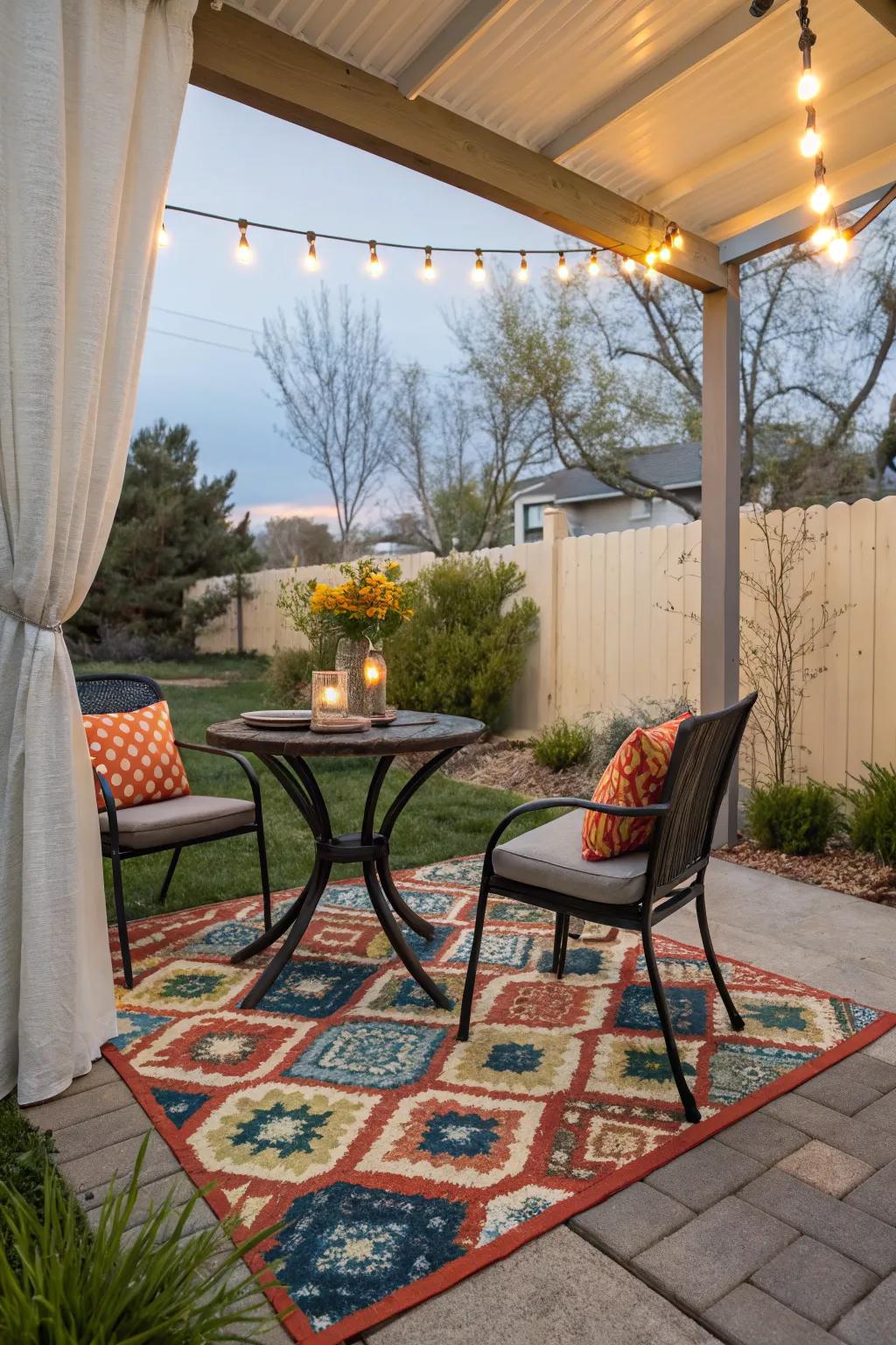 Outdoor rugs define and add comfort to small spaces.