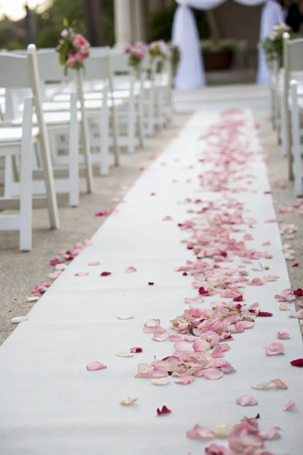 Aisle adorned with simple, elegant petals.