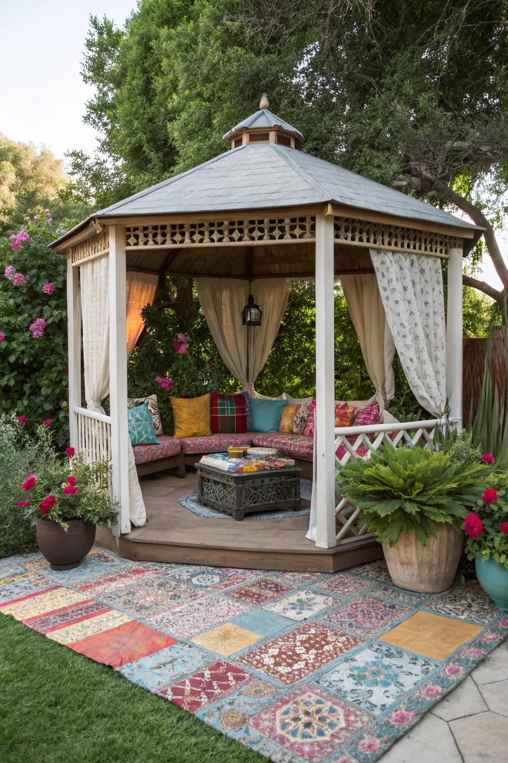Decorative accents in a small patio gazebo.