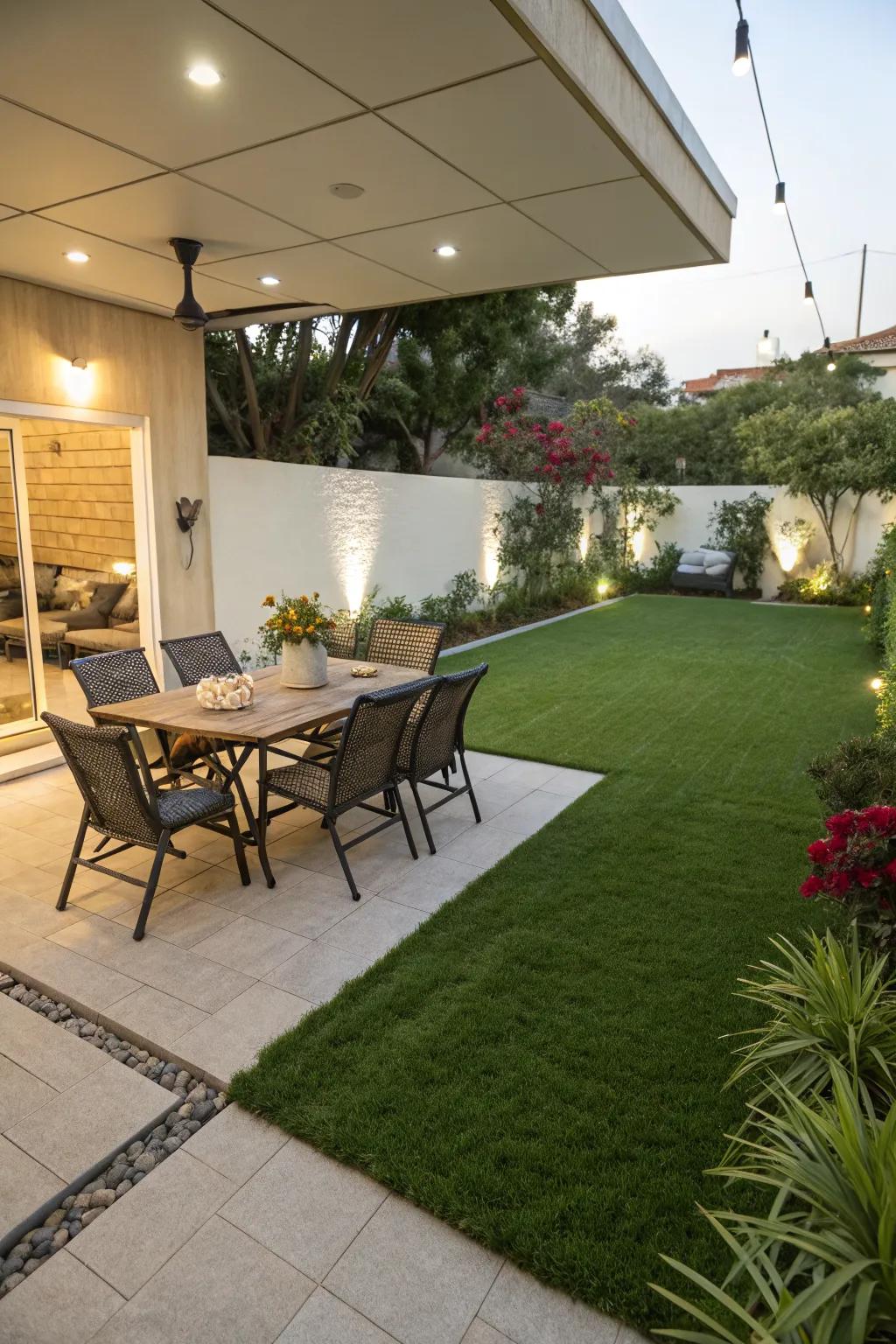 A dining spot with a lush grass-like surface.
