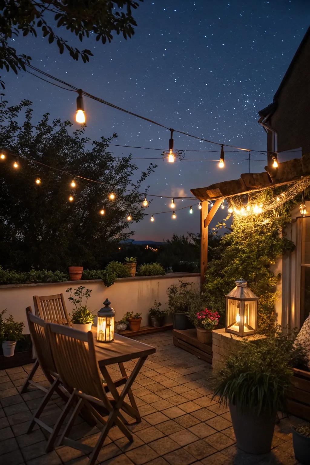 Enchanting string lights adding ambiance to a small patio.