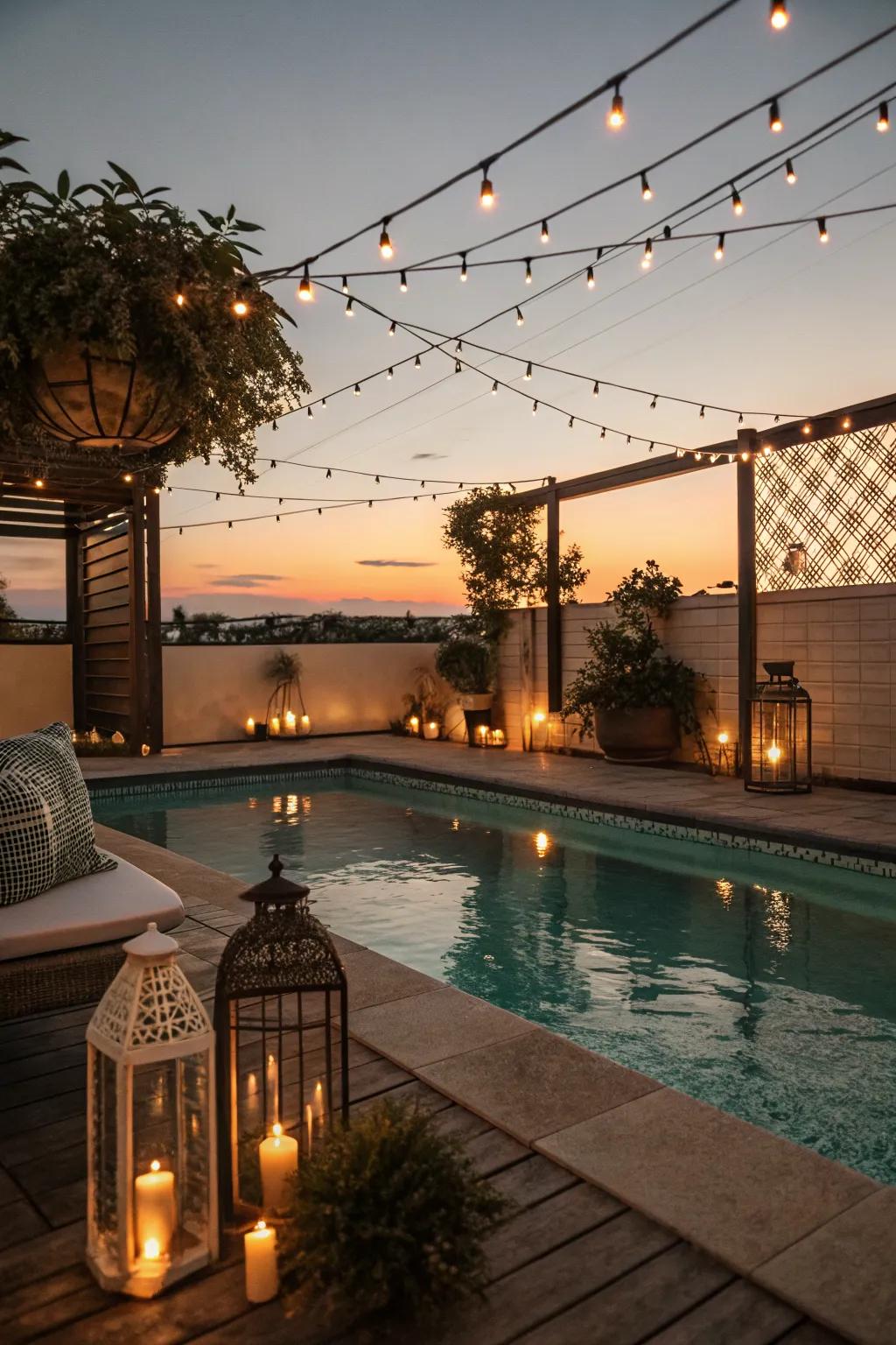 Ambient lighting transforms a poolside patio into a cozy evening retreat.
