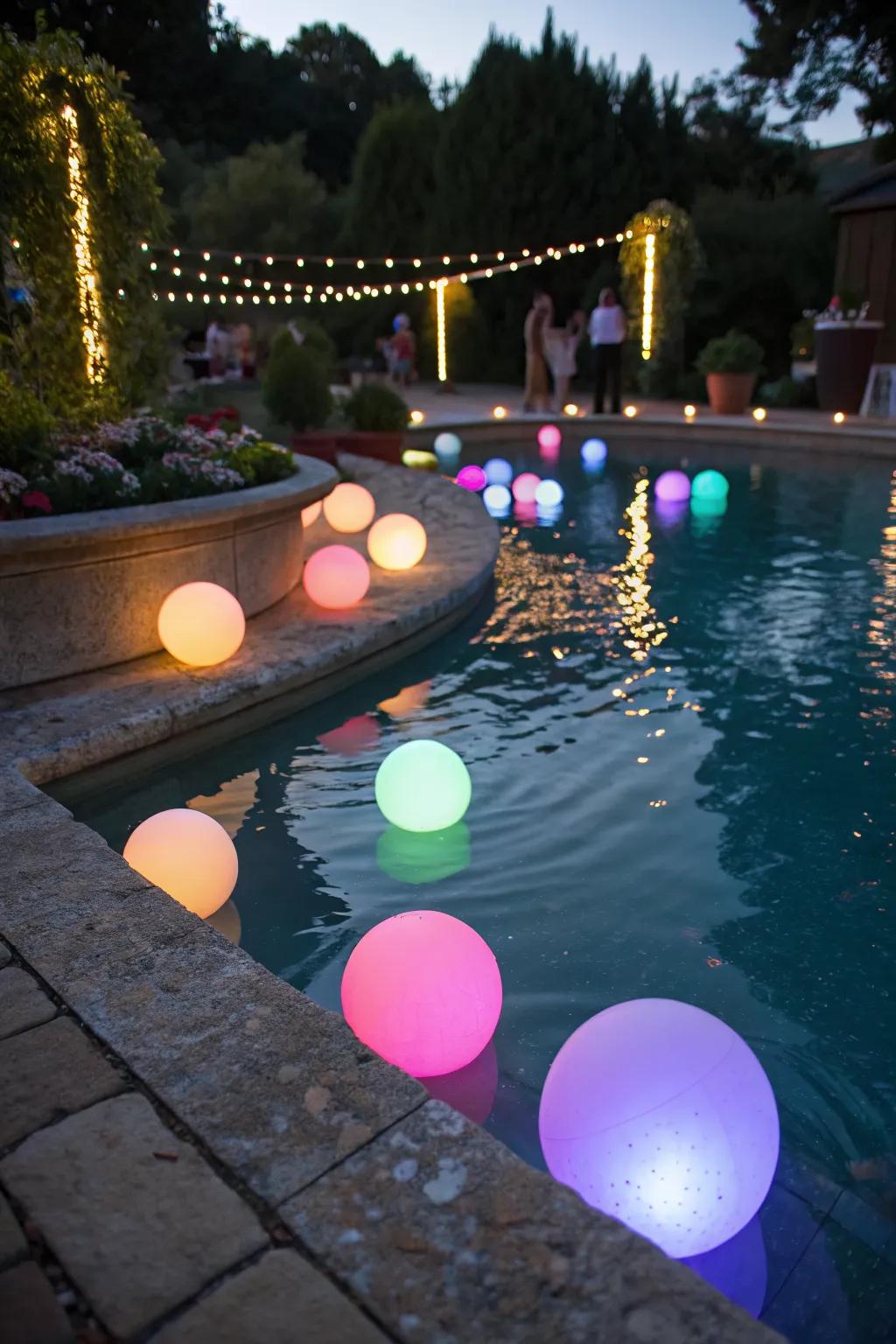 Floating LED orbs adding a whimsical touch to a small pool.