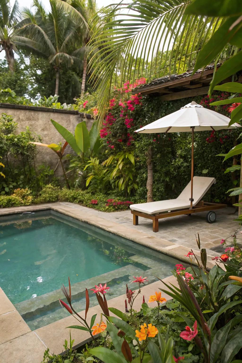 Lush landscaping transforms the pool area into a tropical paradise.