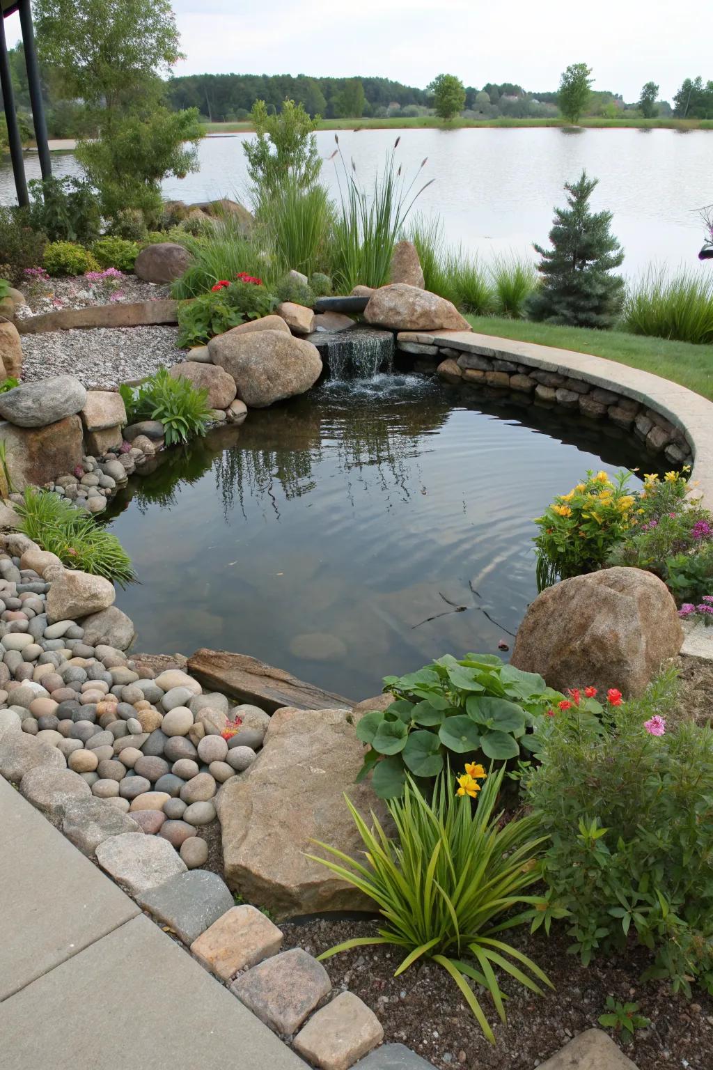 A cleverly placed corner pond optimizes limited space.