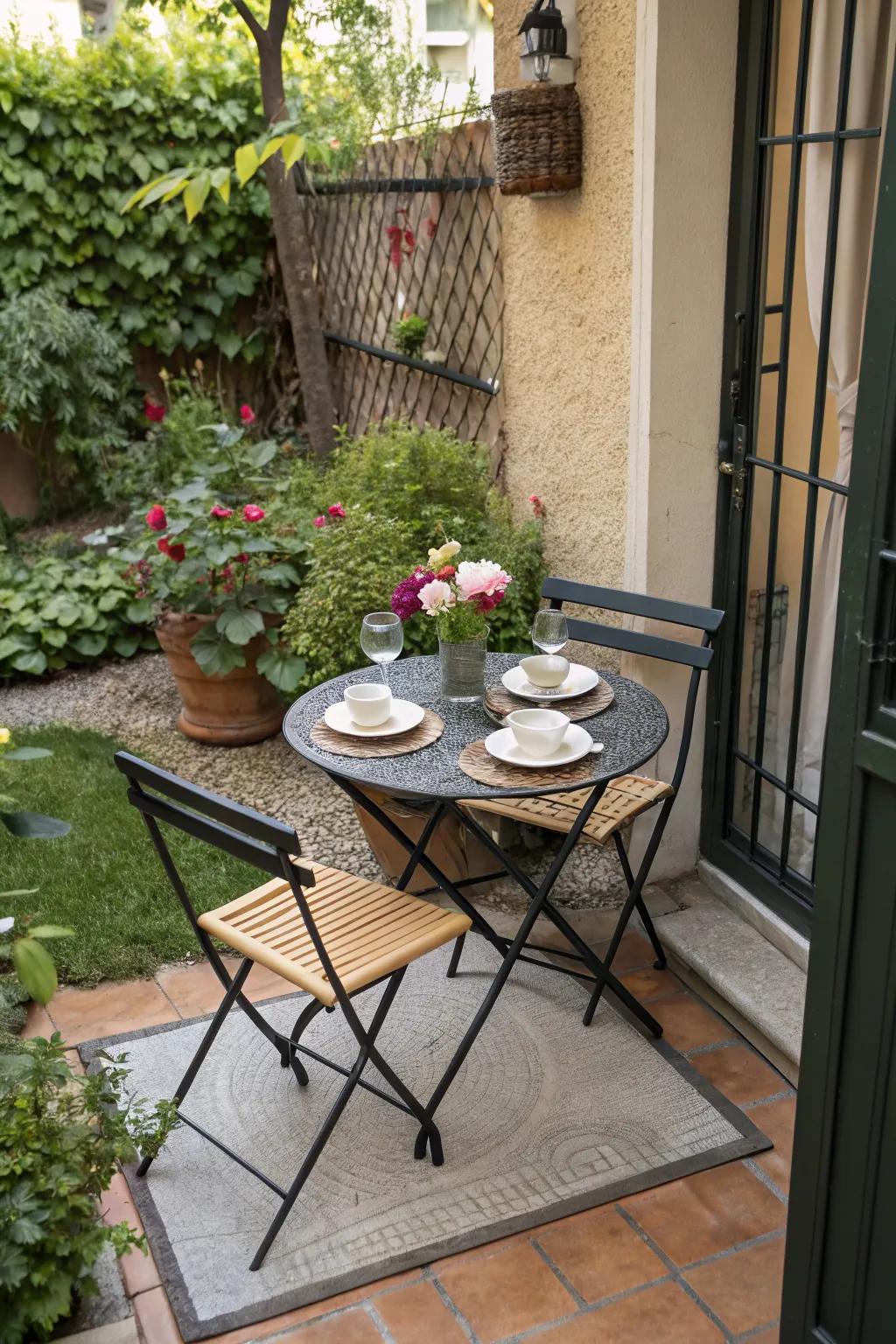 A cozy dining area perfect for intimate meals on a small patio.