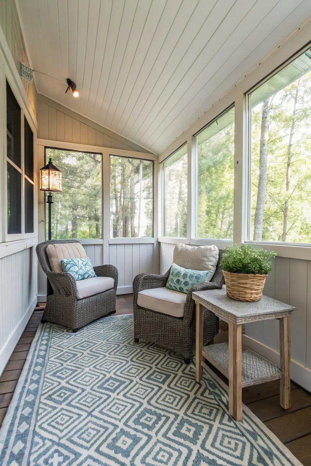 A patterned rug ties the porch decor together.