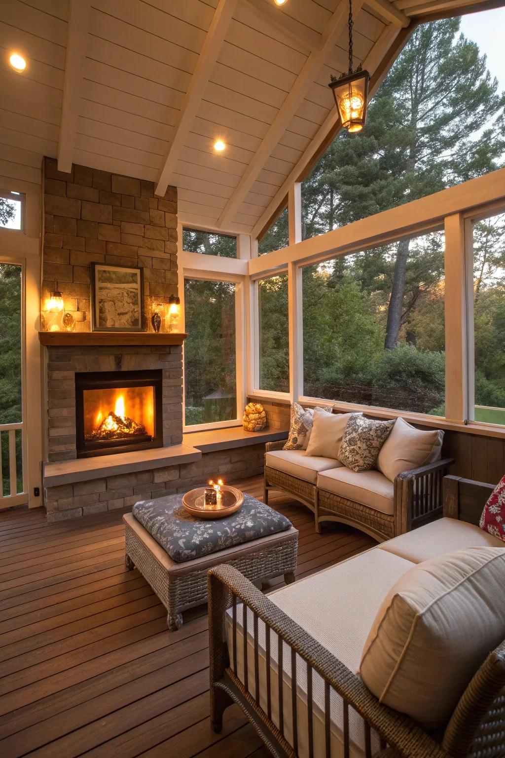 Built-in seating around the fireplace maximizes comfort and space.