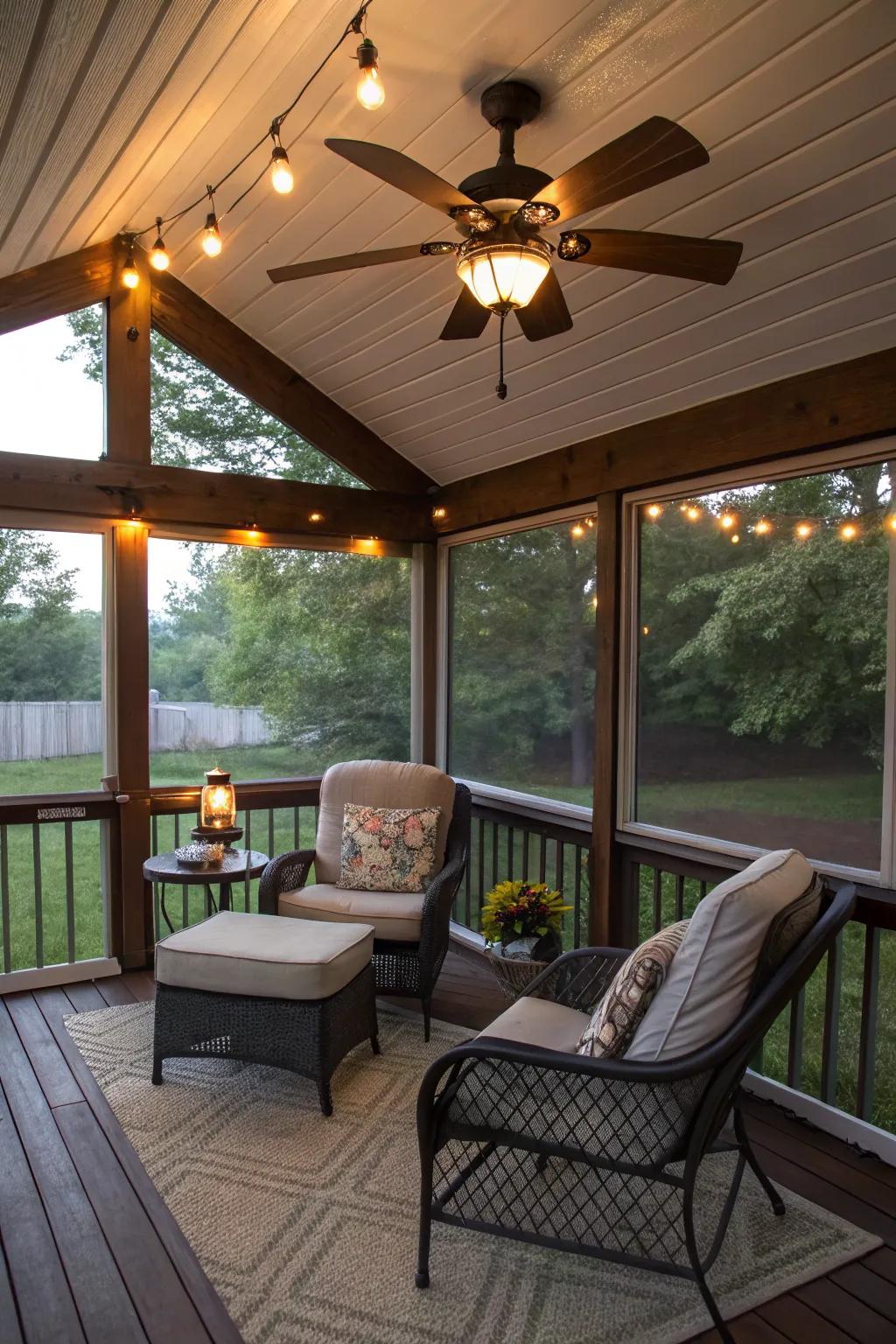 A ceiling fan with lights provides comfort and ambiance on a small porch.