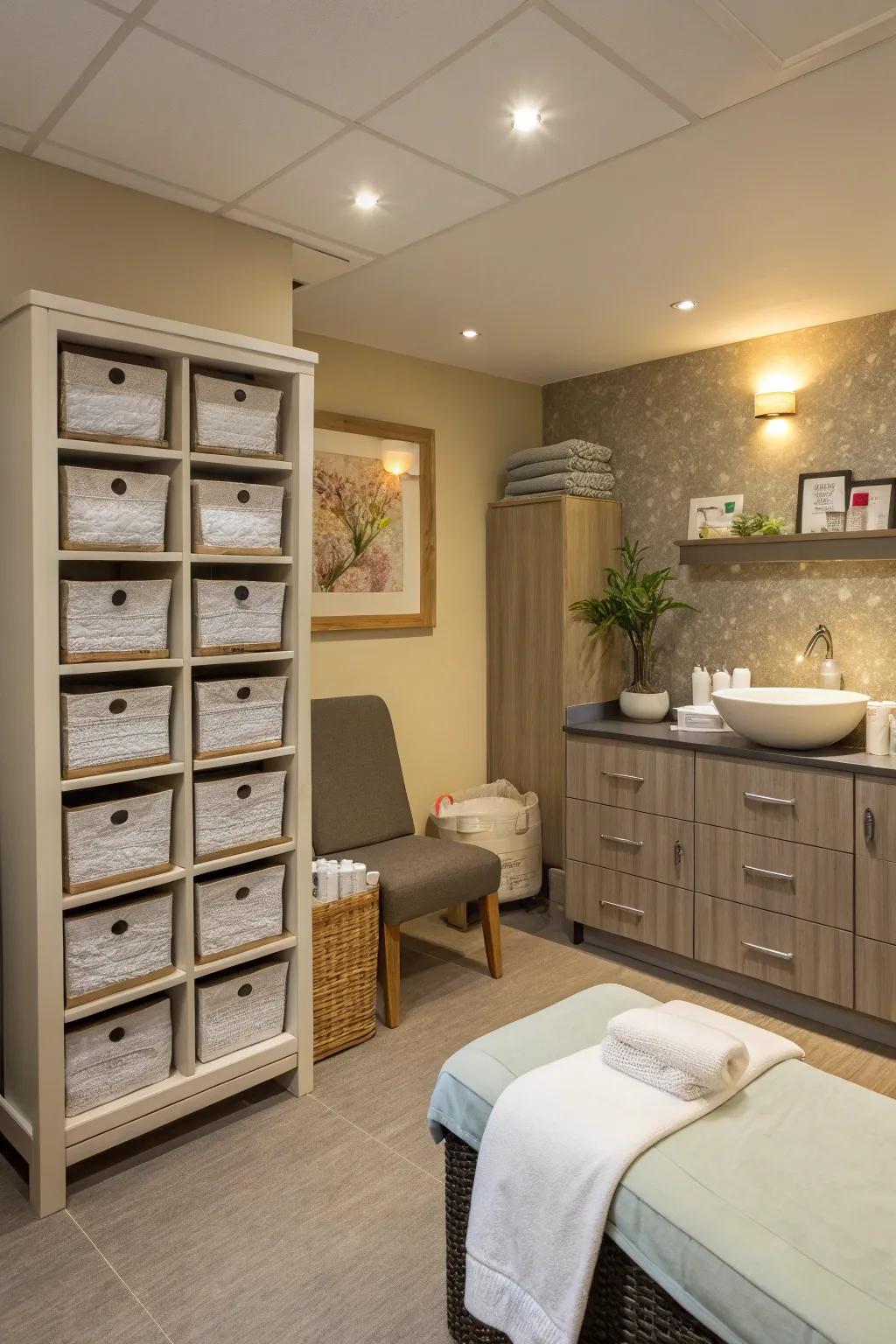 Vertical storage and multi-functional furniture keep the area clutter-free.