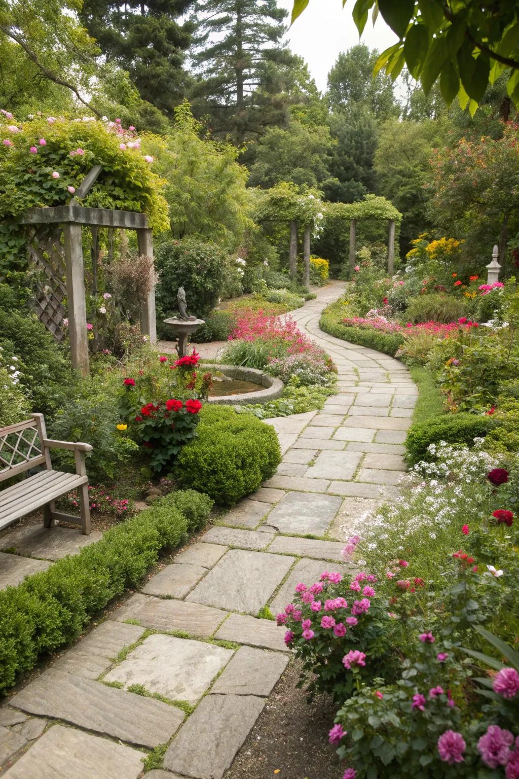 Stone pathways add structure and elegance to compact gardens.