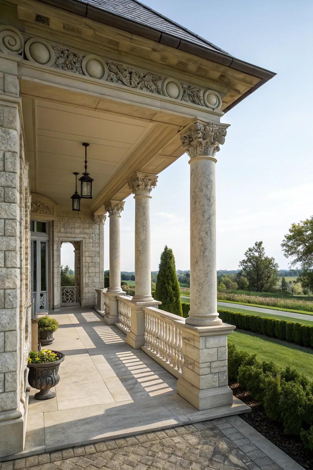 Stone columns adding a classic touch to the small porch.