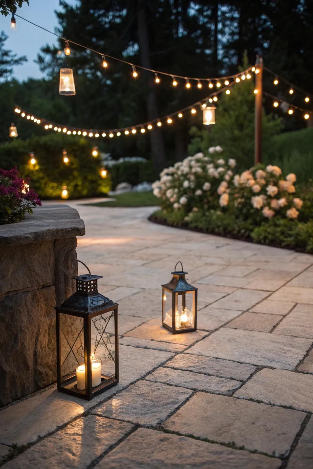 Enchanting lighting transforms the patio into a nighttime haven.