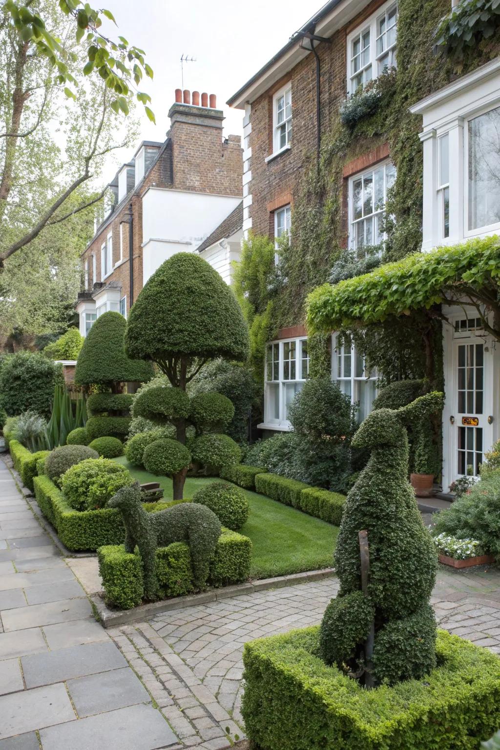 Sculpted topiaries add a touch of artistry to this townhouse front garden.