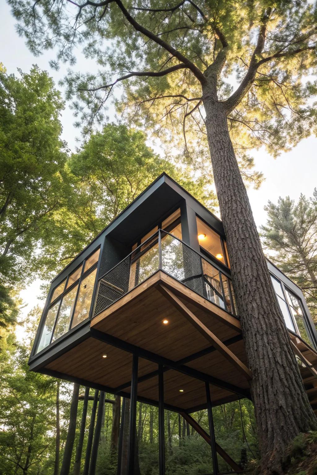 A uniquely shaped tree house with a modern design, standing out with its geometric lines.